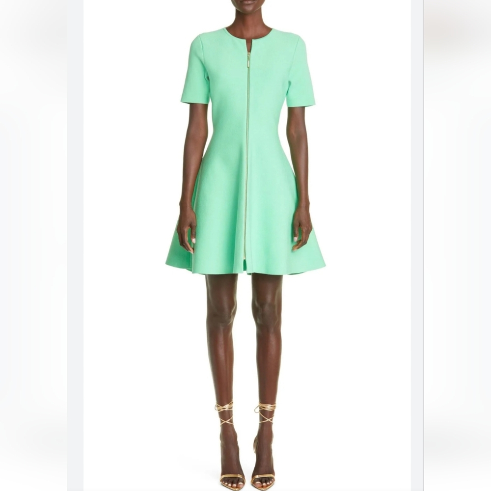 OSCAR DE LA RENTA Zip Front Fit & Flare Knit Mini Dress In Aloe Sz M Org $2,190